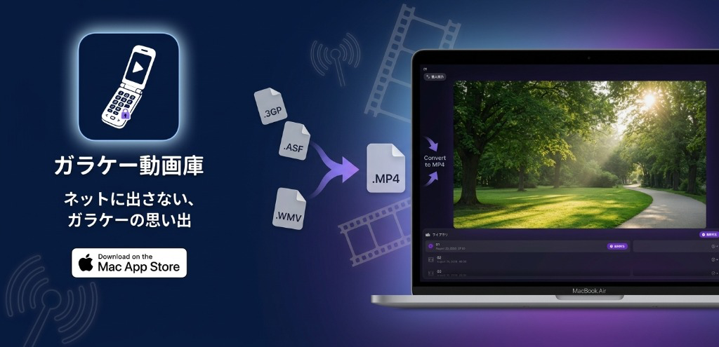ガラケー動画庫 – .3GP/.ASF/.WMV → MP4変換イメージとアプリ再生画面