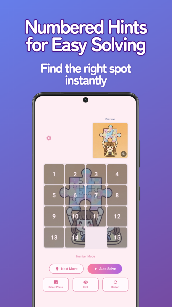 Gameplay with numbered hints, Next Move, and Auto Solve